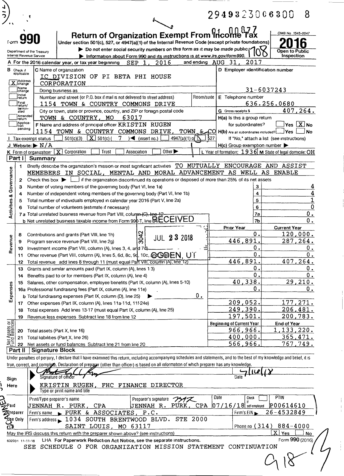 Image of first page of 2016 Form 990O for Ic Division of Pi Beta Phi House Corporation