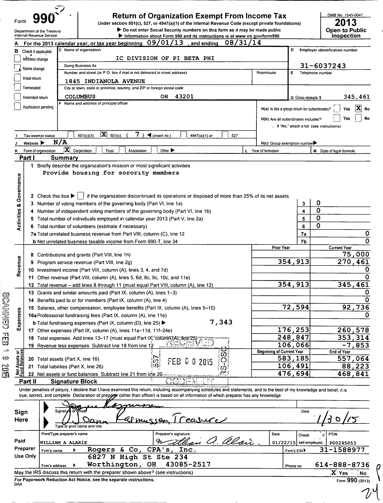 Image of first page of 2013 Form 990O for Ic Division of Pi Beta Phi House Corporation