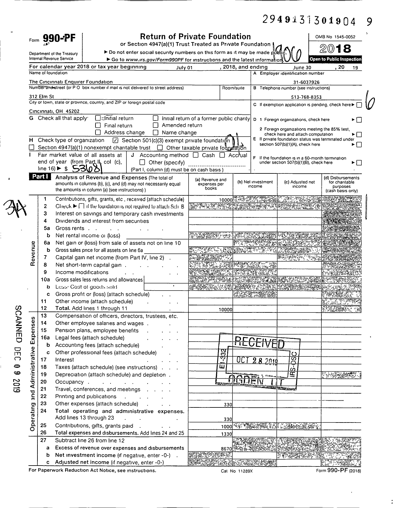 Image of first page of 2018 Form 990PF for Cincinnati Enquirer Foundation