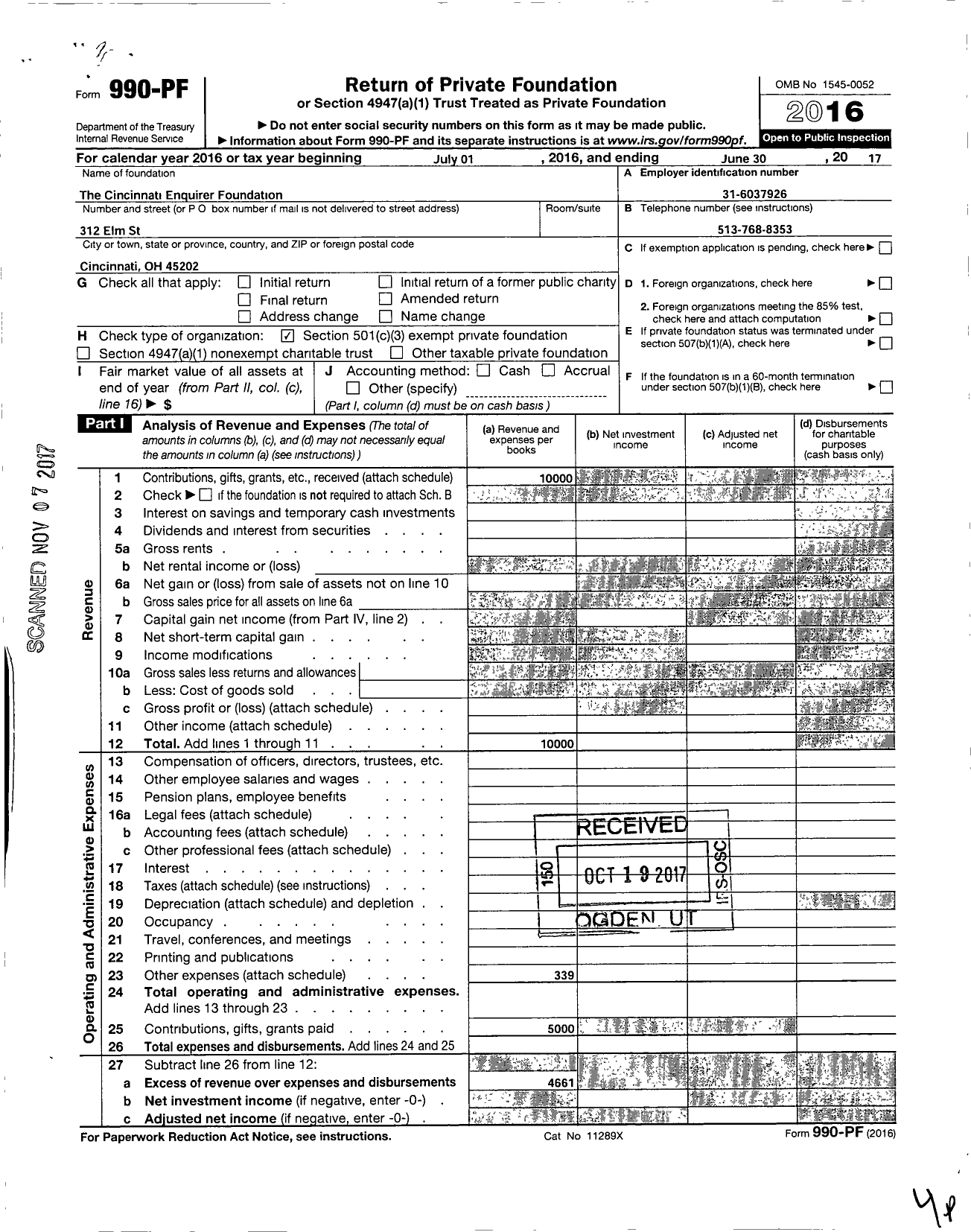 Image of first page of 2016 Form 990PF for Cincinnati Enquirer Foundation