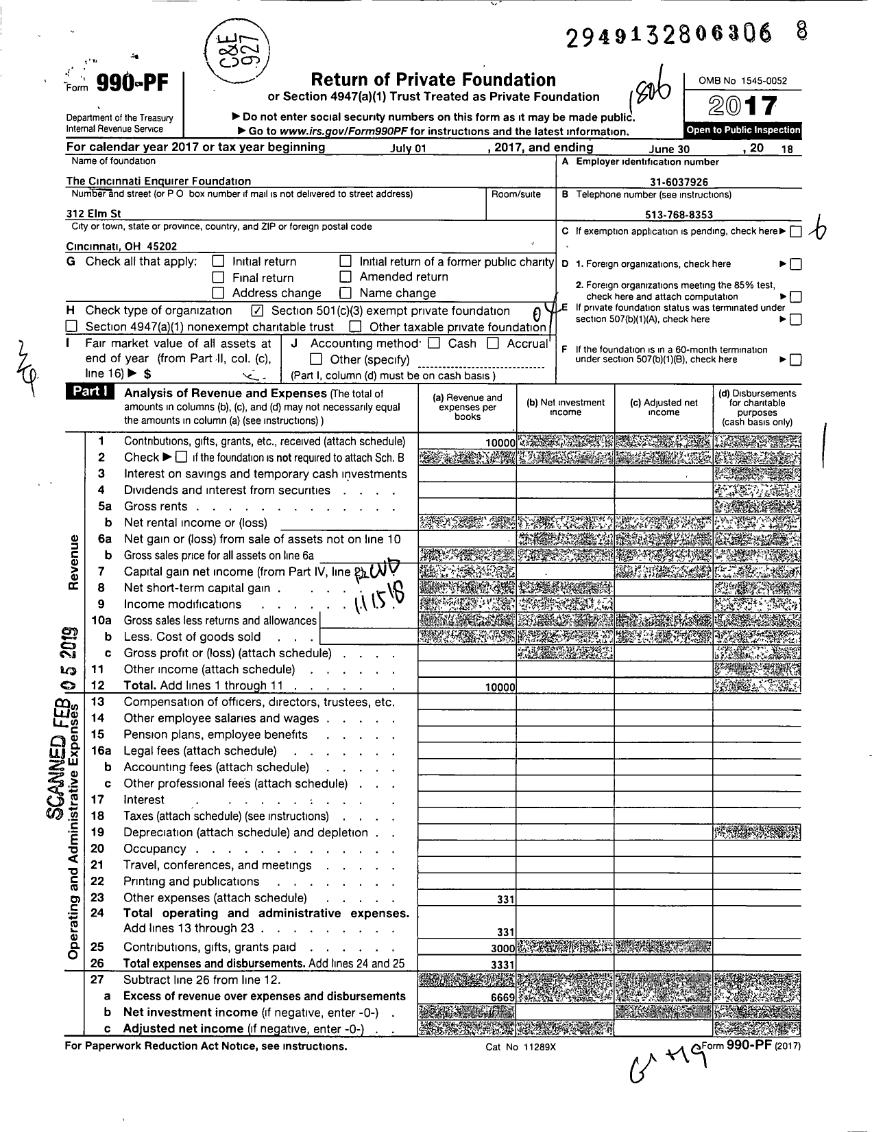 Image of first page of 2017 Form 990PF for Cincinnati Enquirer Foundation