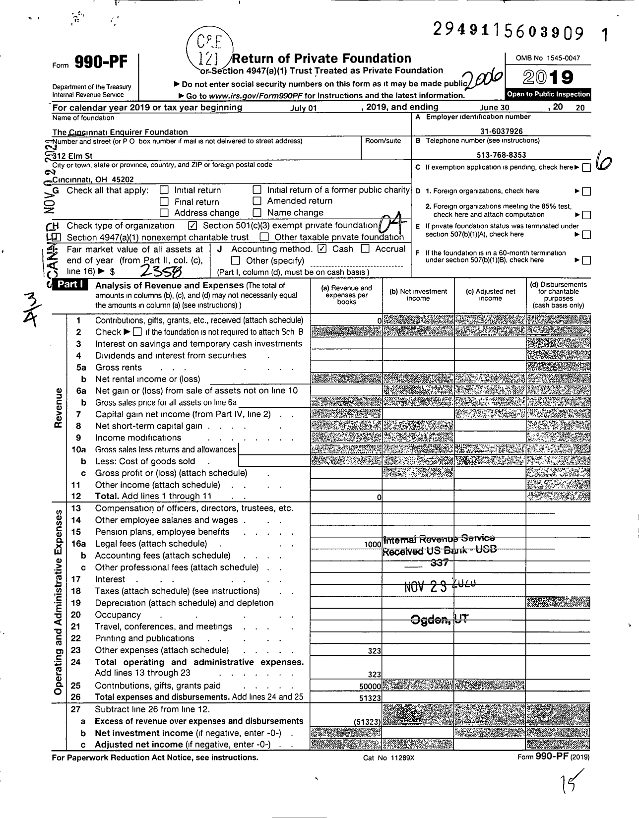 Image of first page of 2019 Form 990PF for Cincinnati Enquirer Foundation