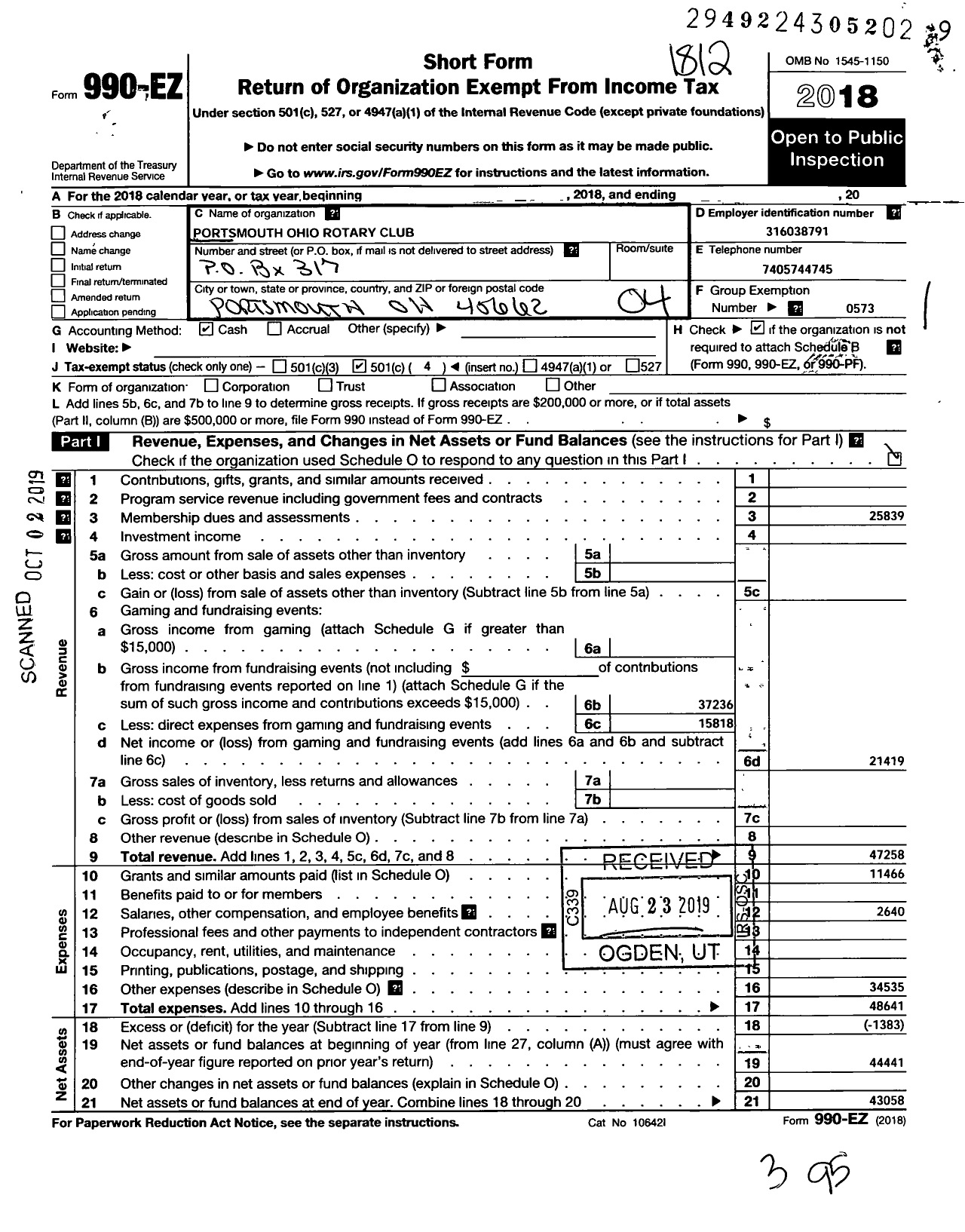 Image of first page of 2018 Form 990EO for Rotary International - Portsmouth Club