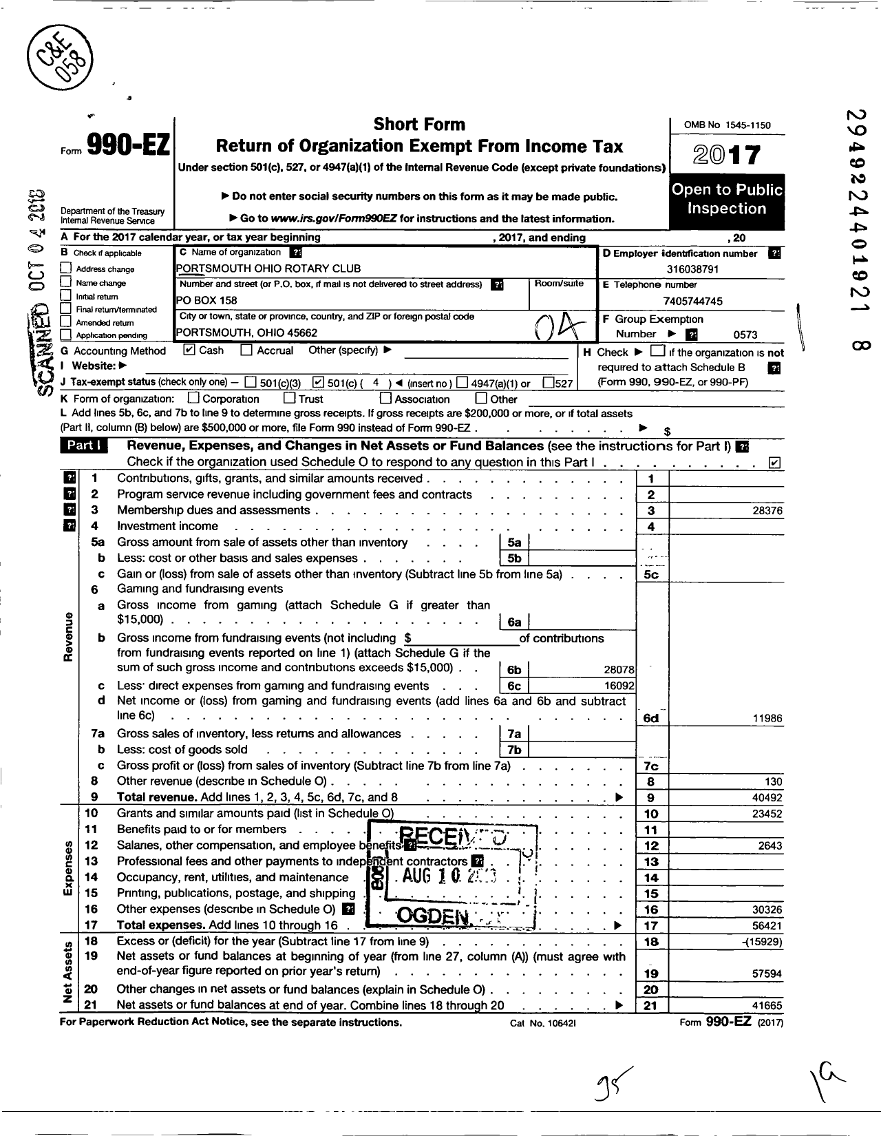 Image of first page of 2017 Form 990EO for Rotary International - Portsmouth Club