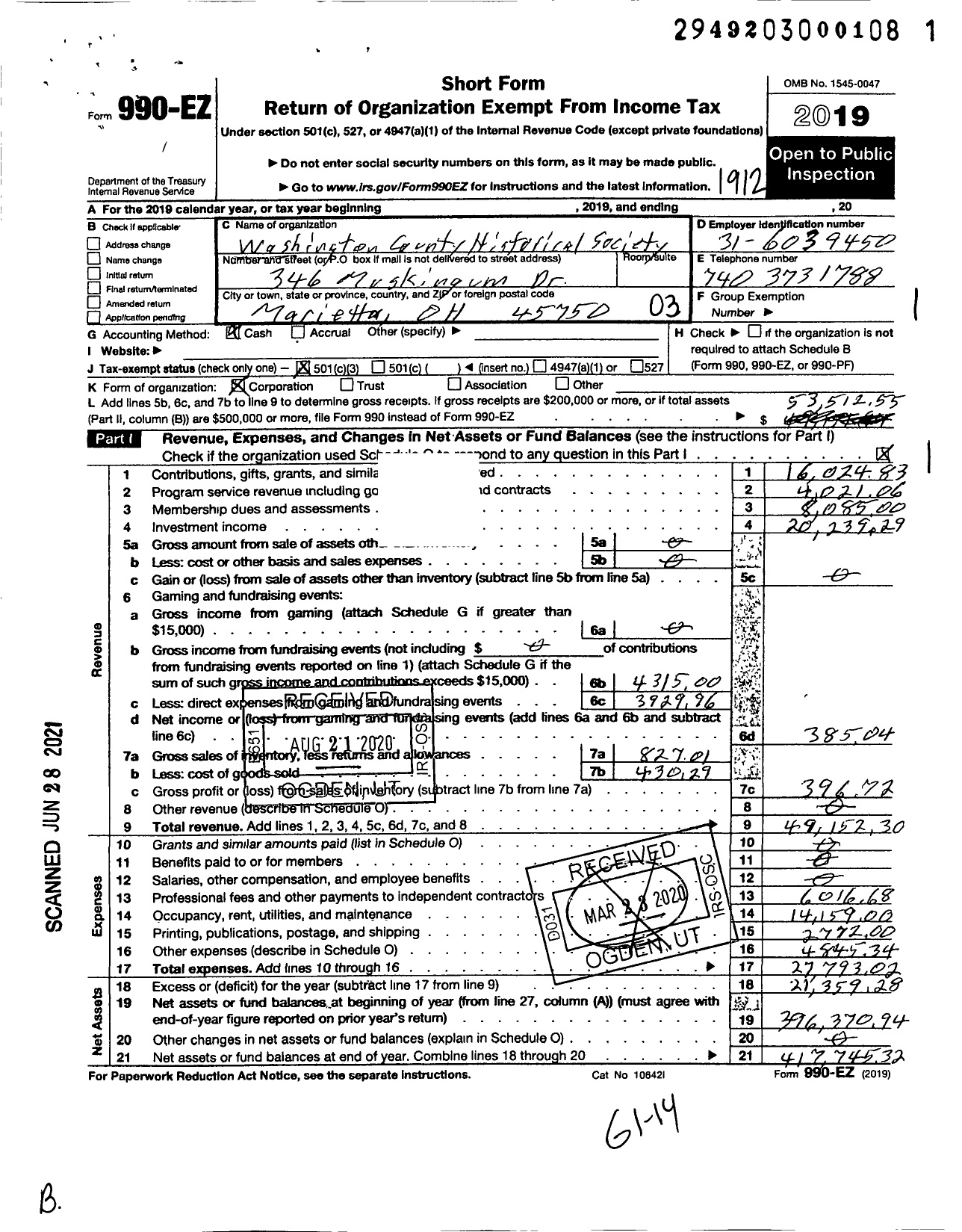 Image of first page of 2019 Form 990EZ for Washington County Historical Society