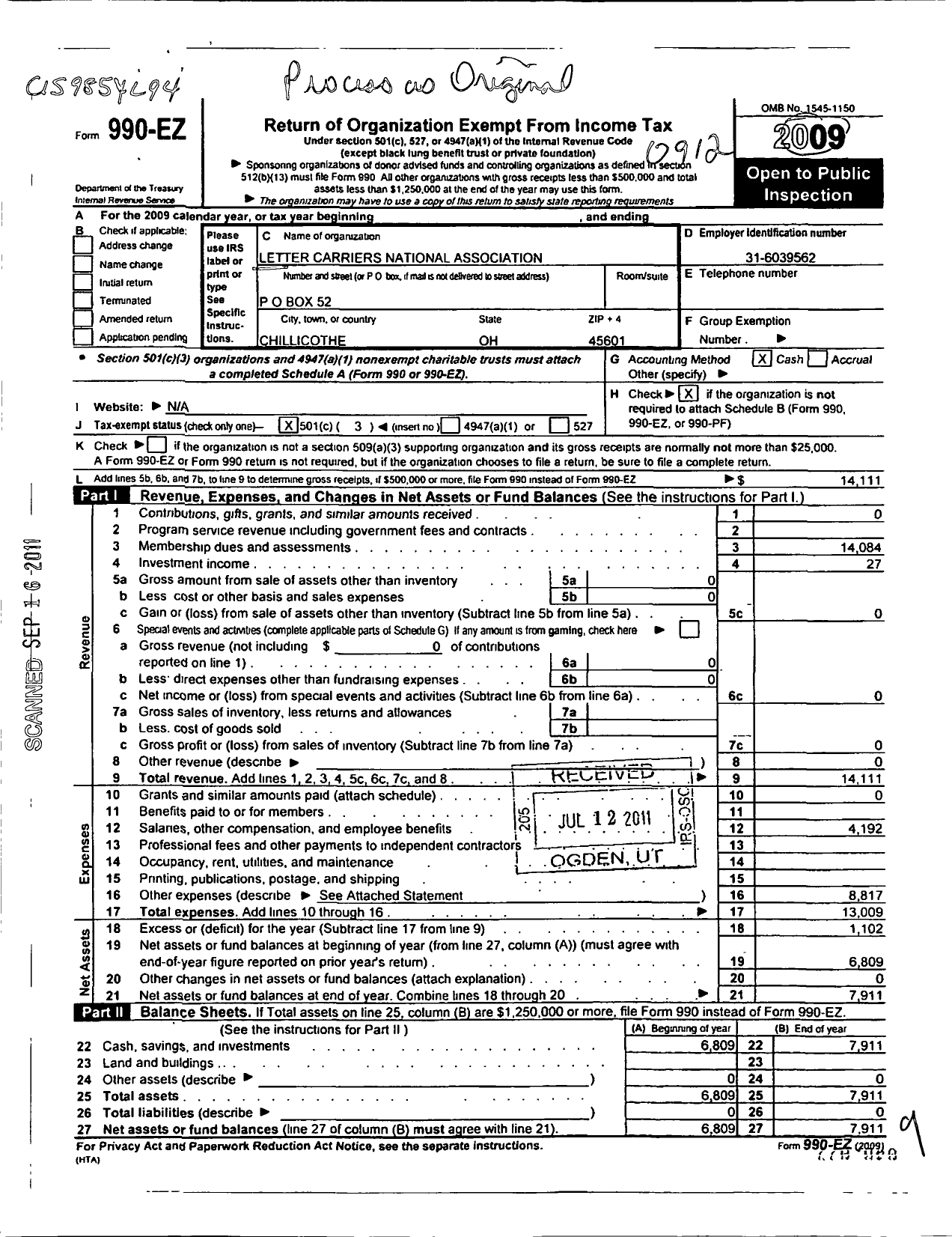 Image of first page of 2009 Form 990EZ for National Association of Letter Carriers 452 Chillicothe Ohio