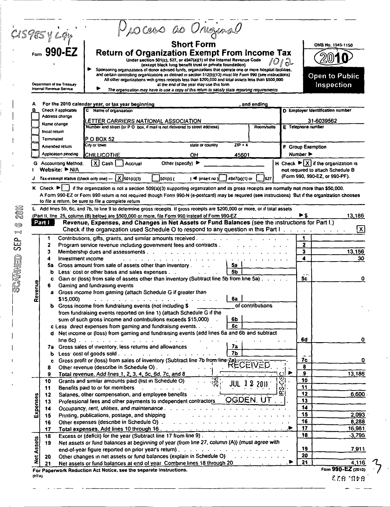 Image of first page of 2010 Form 990EZ for National Association of Letter Carriers 452 Chillicothe Ohio