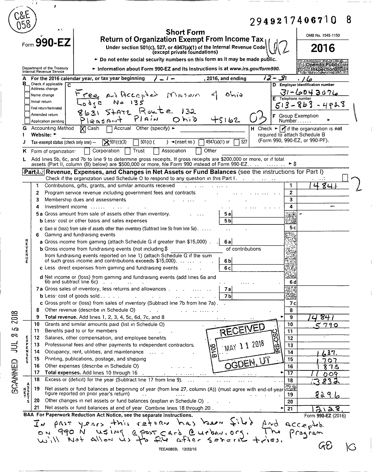 Image of first page of 2016 Form 990EZ for Free & Accepted Masons of Ohio - 135 Butlerville Lodge