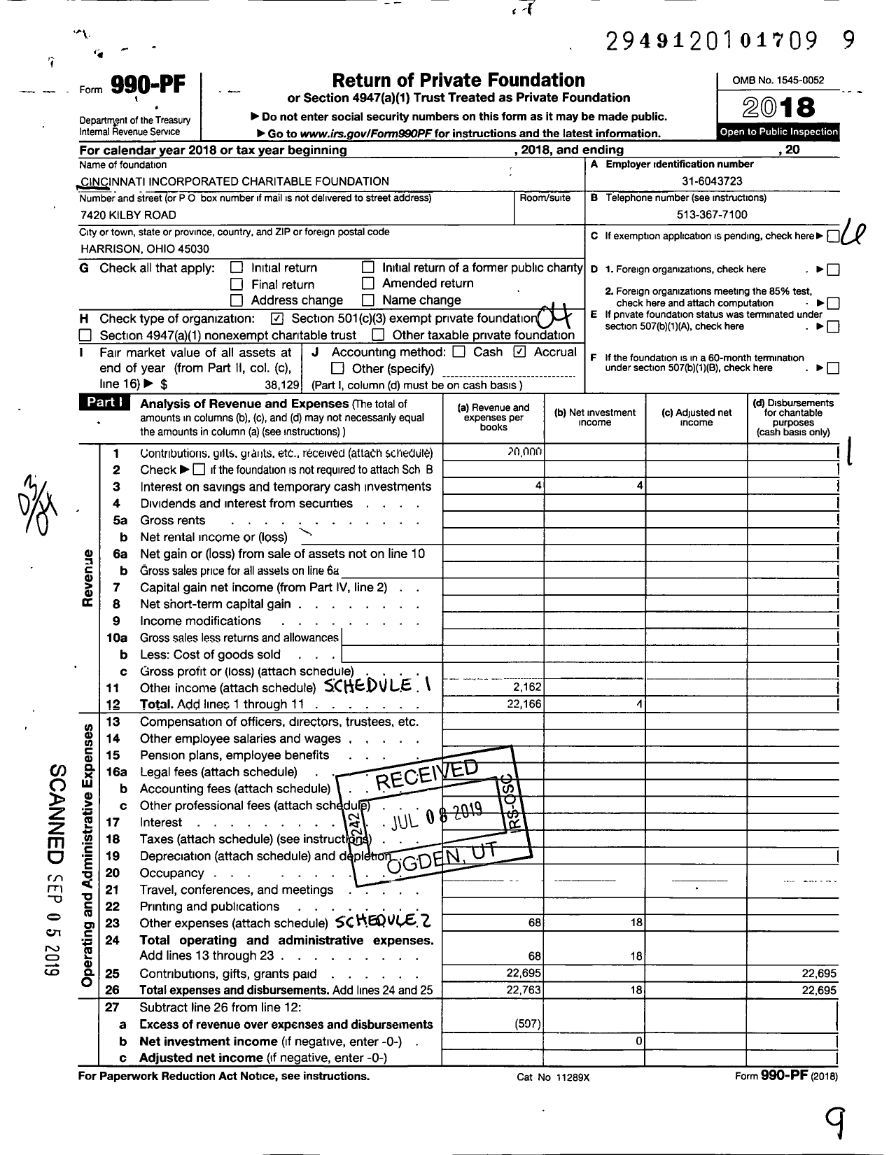 Image of first page of 2018 Form 990PF for Cincinnati Incorporated Charitable Foundation