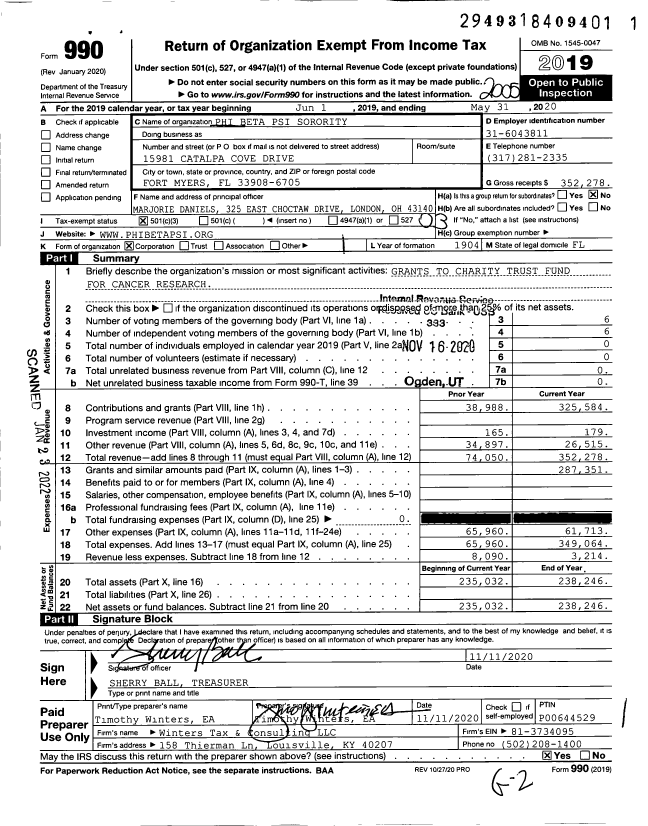 Image of first page of 2019 Form 990 for Phi Beta Psi Sorority / Board of Directors