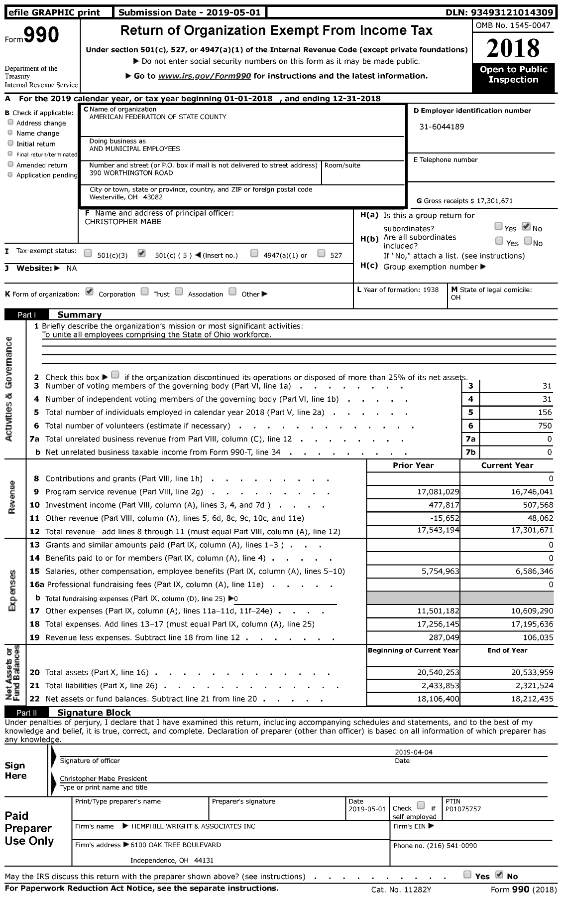 Image of first page of 2018 Form 990 for Municipal Employees
