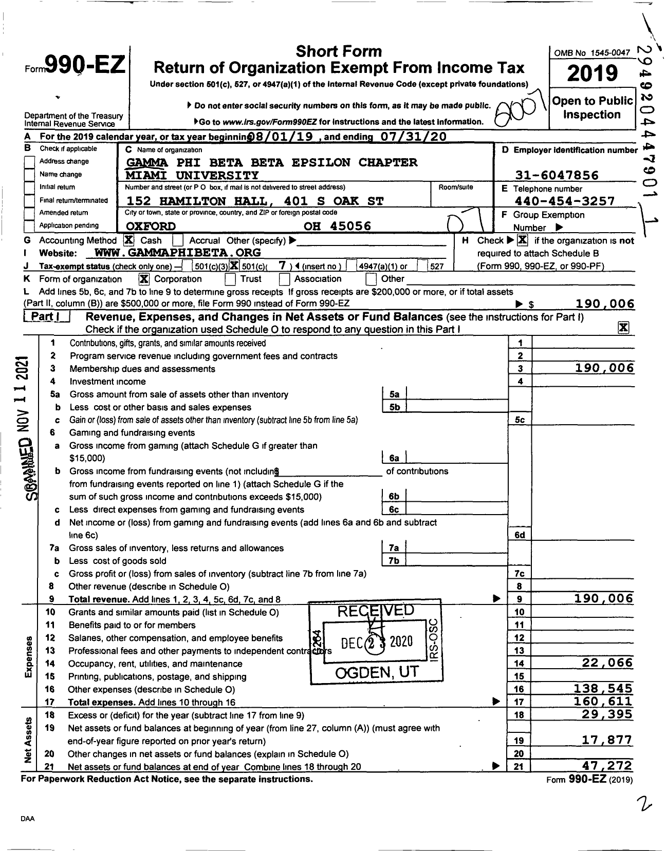 Image of first page of 2019 Form 990EO for Gamma Phi Beta Sorority - Beta Epsilon Chapter