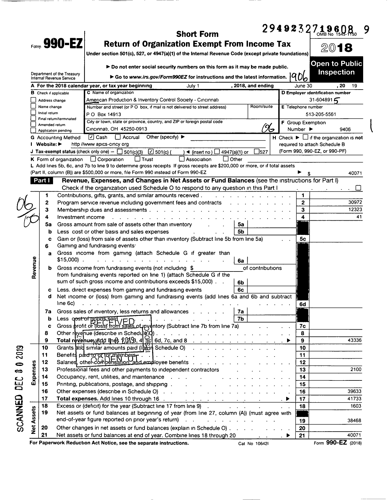 Image of first page of 2018 Form 990EO for American Production and Inventory Control Society / Cincinnati Chapter