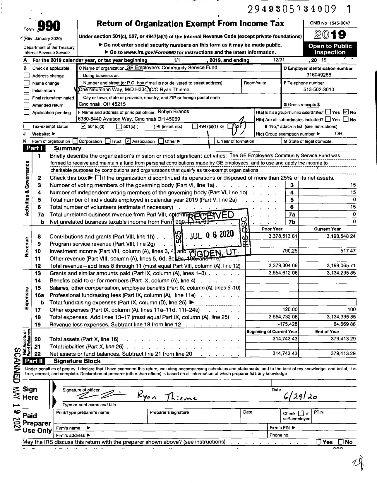 Image of first page of 2019 Form 990 for General Electric Employees Community Service Fund