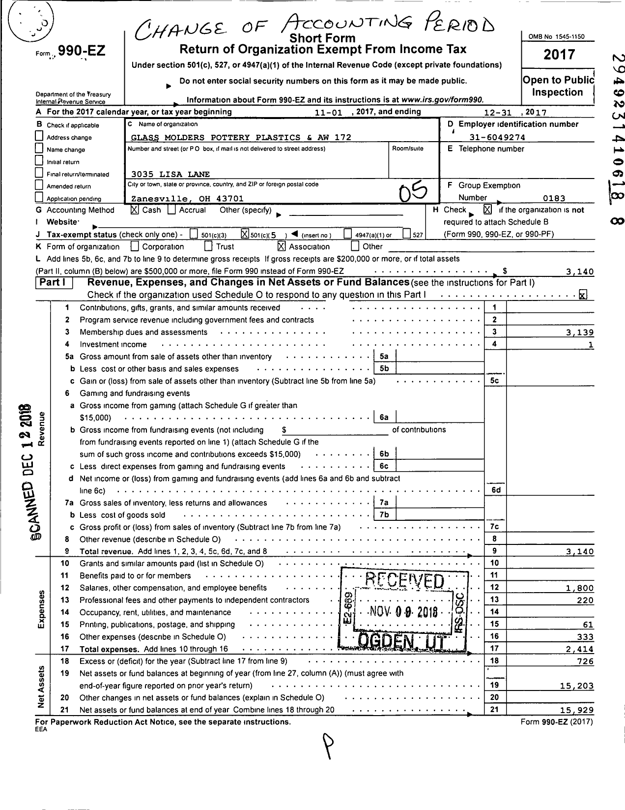 Image of first page of 2017 Form 990EO for United Steelworkers - 00172m Local