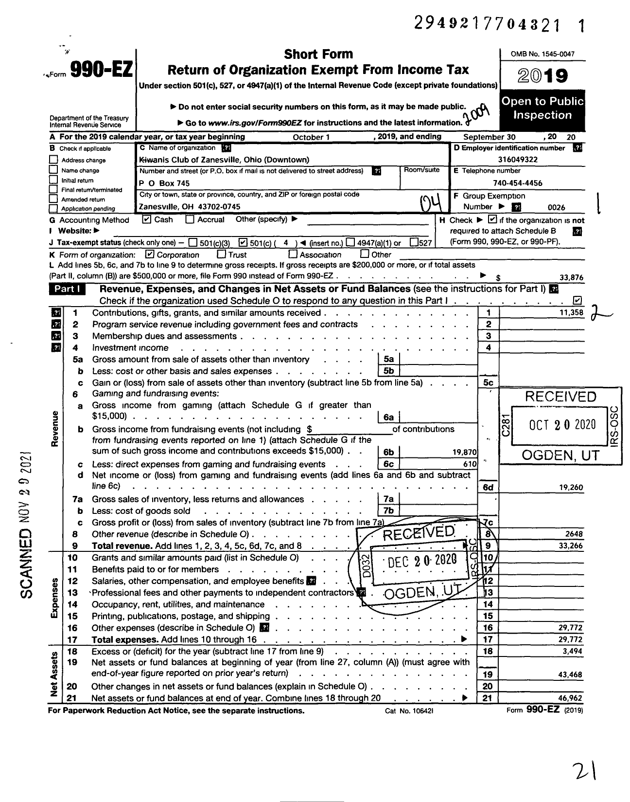 Image of first page of 2019 Form 990EO for Kiwanis International - K00442 Zanesville Downtown