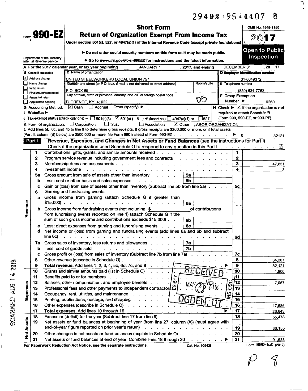 Image of first page of 2017 Form 990EO for United Steelworkers - 00757 Local