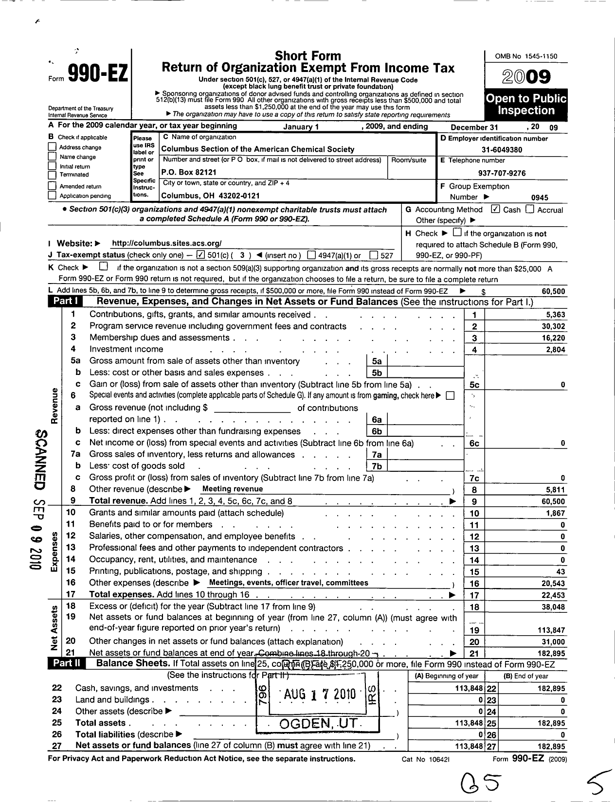 Image of first page of 2009 Form 990EZ for American Chemical Society - Columbus Section