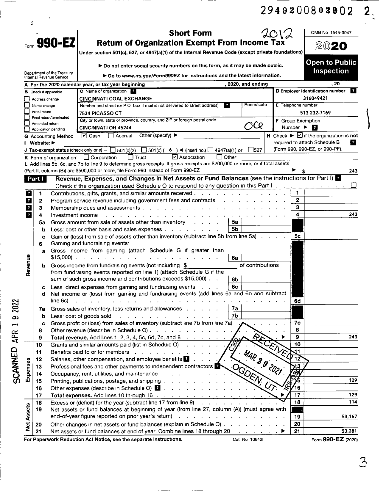 Image of first page of 2020 Form 990EO for Cincinnati Coal Exchange