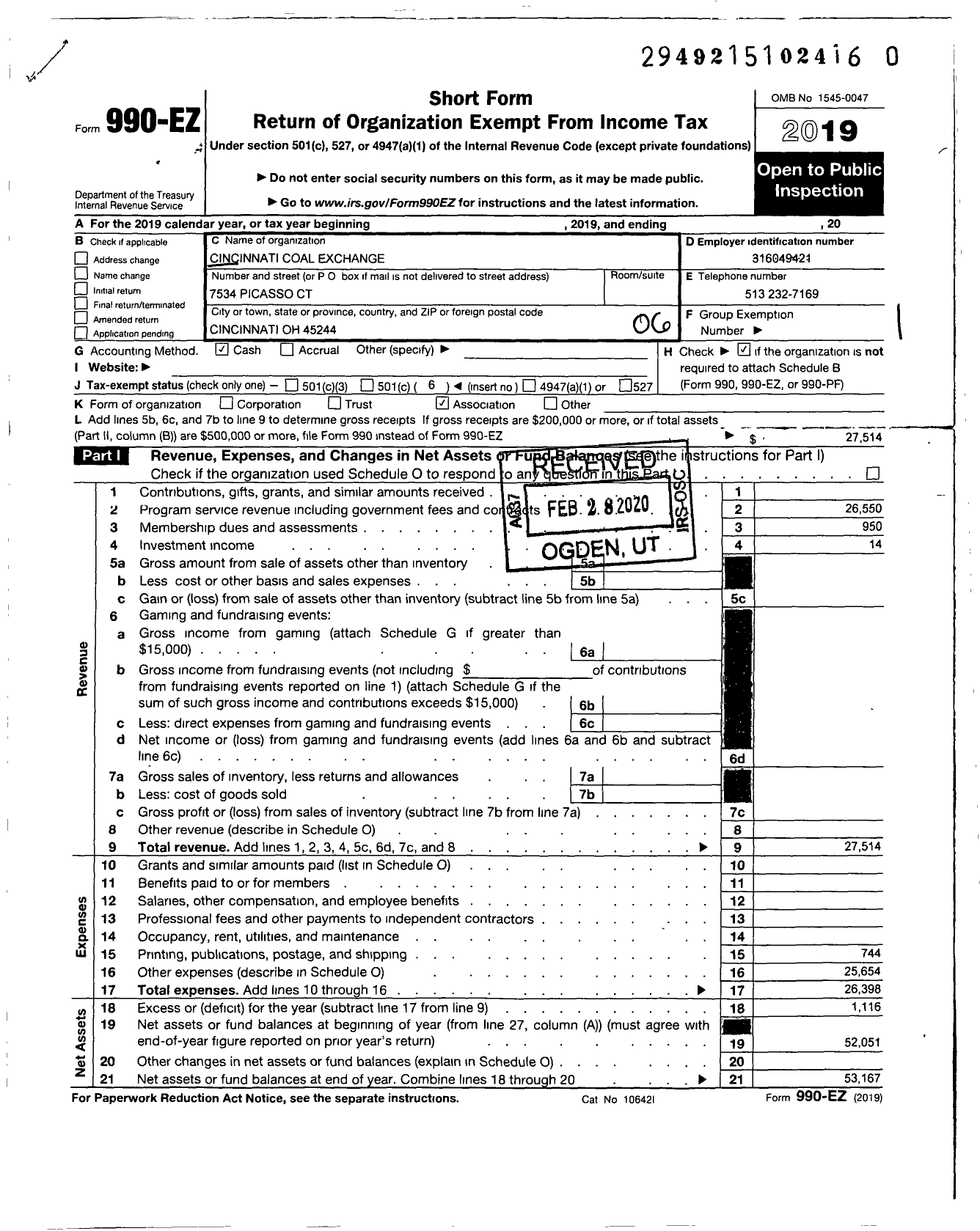 Image of first page of 2019 Form 990EO for Cincinnati Coal Exchange