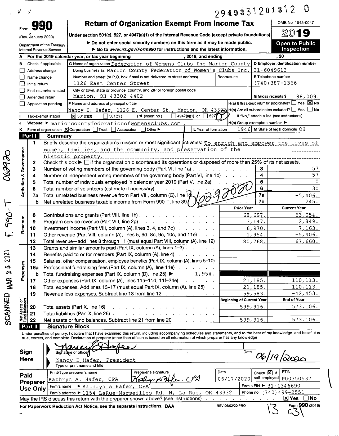 Image of first page of 2019 Form 990 for Marion County Federation of Women's Clubs