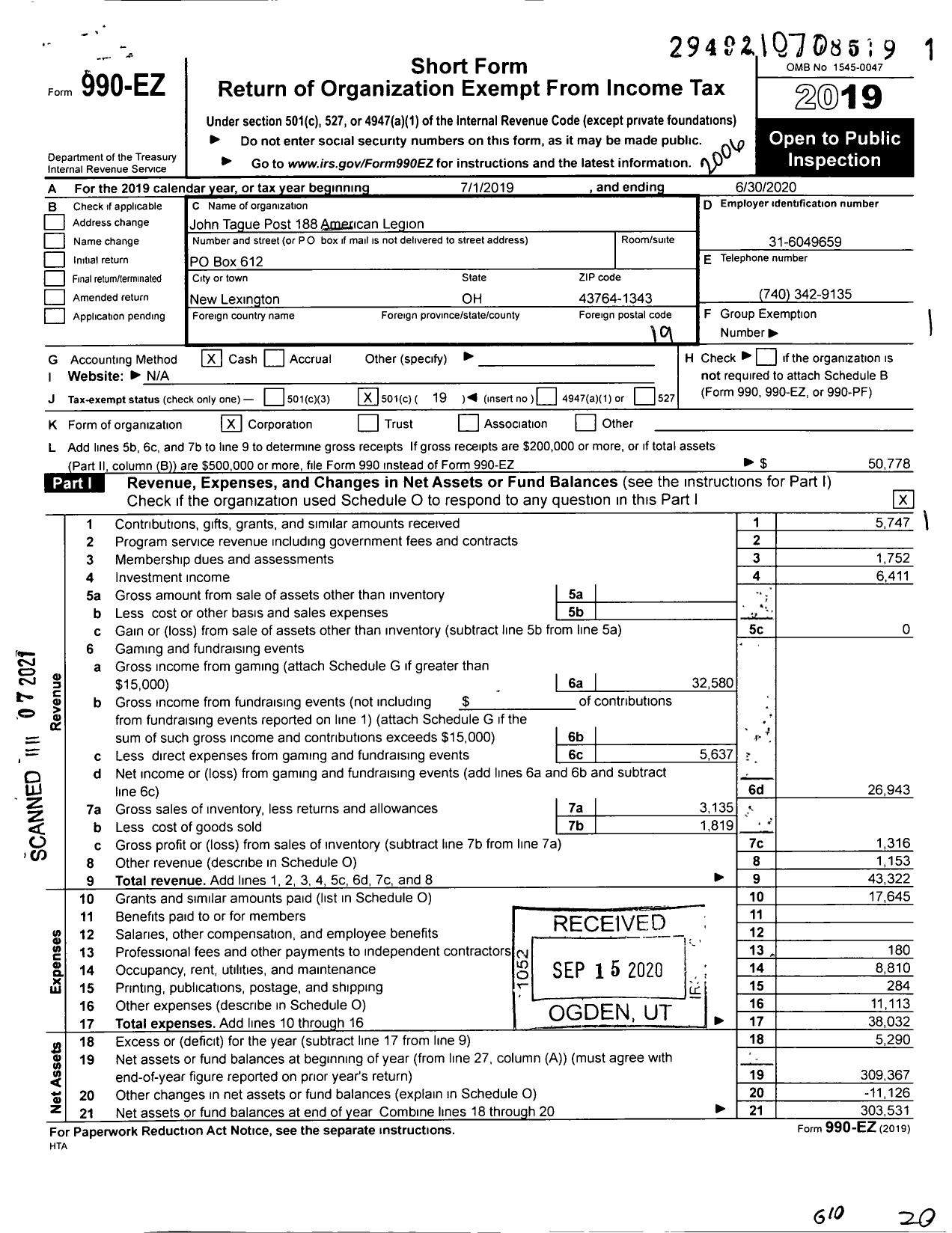 Image of first page of 2019 Form 990EO for American Legion - 0188 John Tague Post