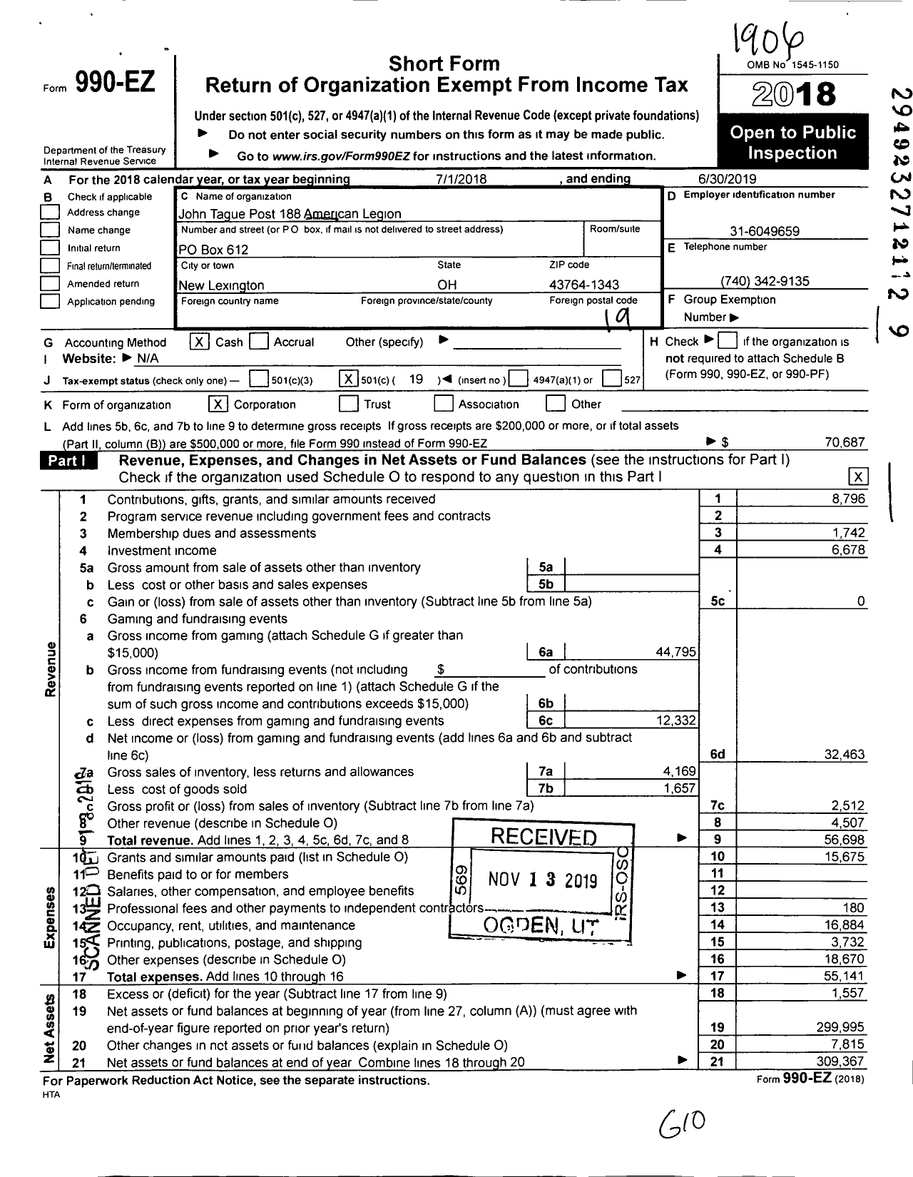 Image of first page of 2018 Form 990EO for American Legion - 0188 John Tague Post