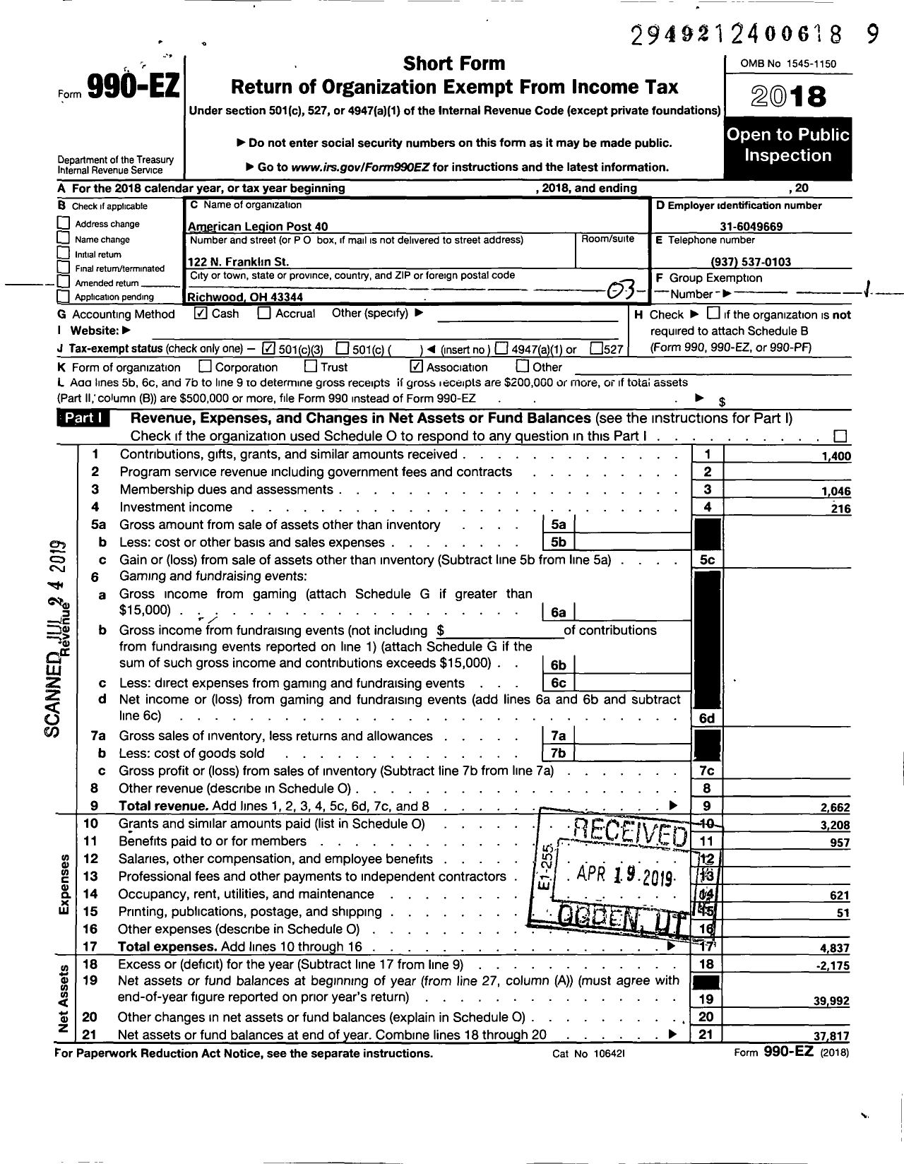 Image of first page of 2018 Form 990EZ for American Legion Post 40