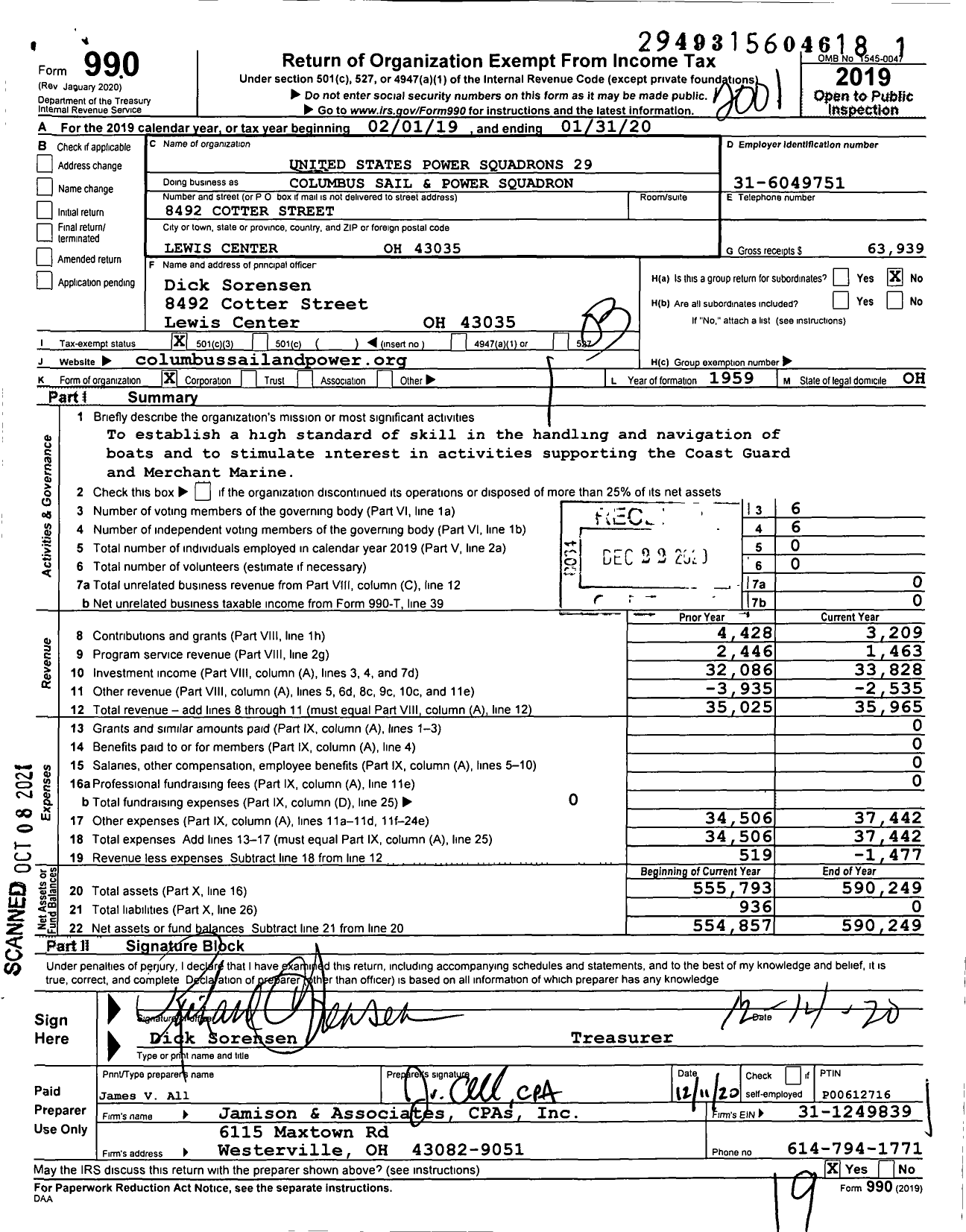 Image of first page of 2019 Form 990 for United States Power Squadrons - Columbus Sail & Power Squadron