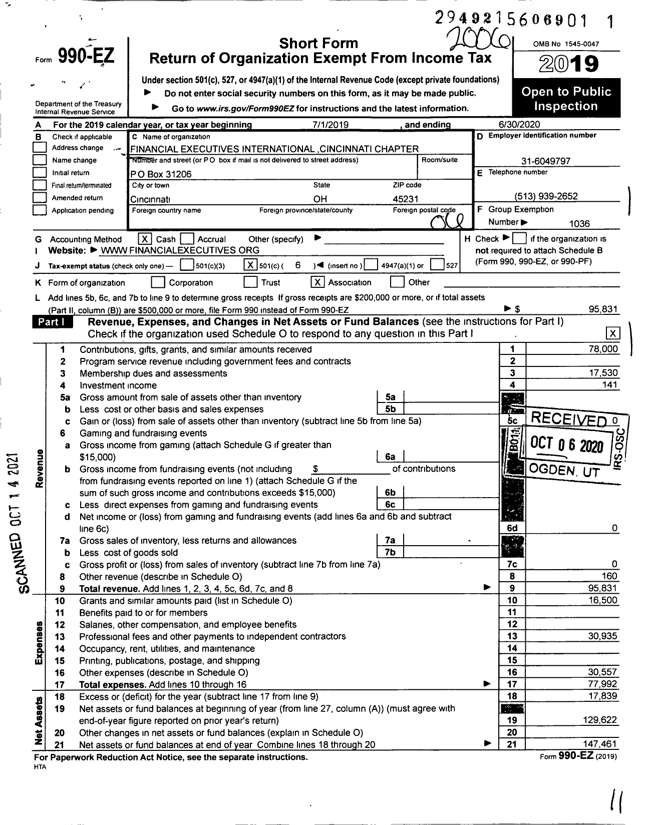 Image of first page of 2019 Form 990EO for Financial Executives International / Cincinnati Chapter