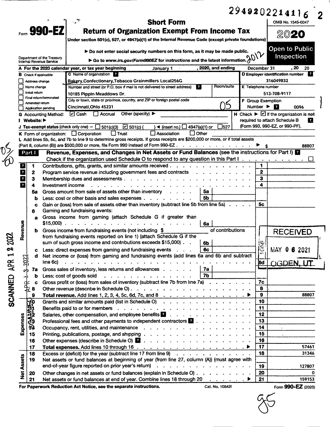 Image of first page of 2020 Form 990EO for BCTGM International Union - 256g