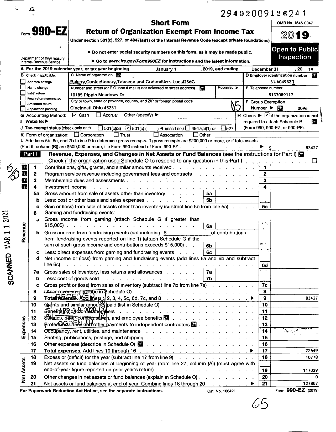 Image of first page of 2019 Form 990EO for BCTGM International Union - 256g