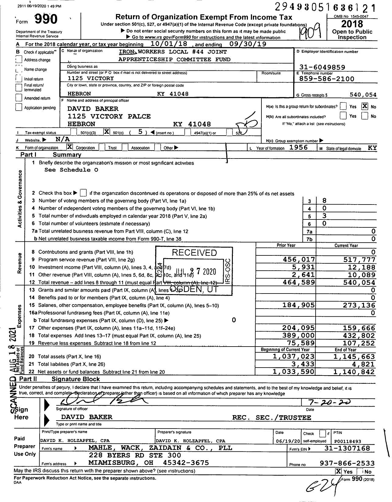 Image of first page of 2018 Form 990O for Iron Workers Local 44 Joint Apprenticeship Committee Fund