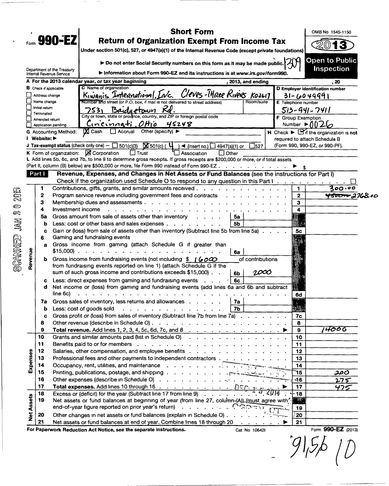 Image of first page of 2012 Form 990EO for Kiwanis International - K02617 Cleves-Three Rivers