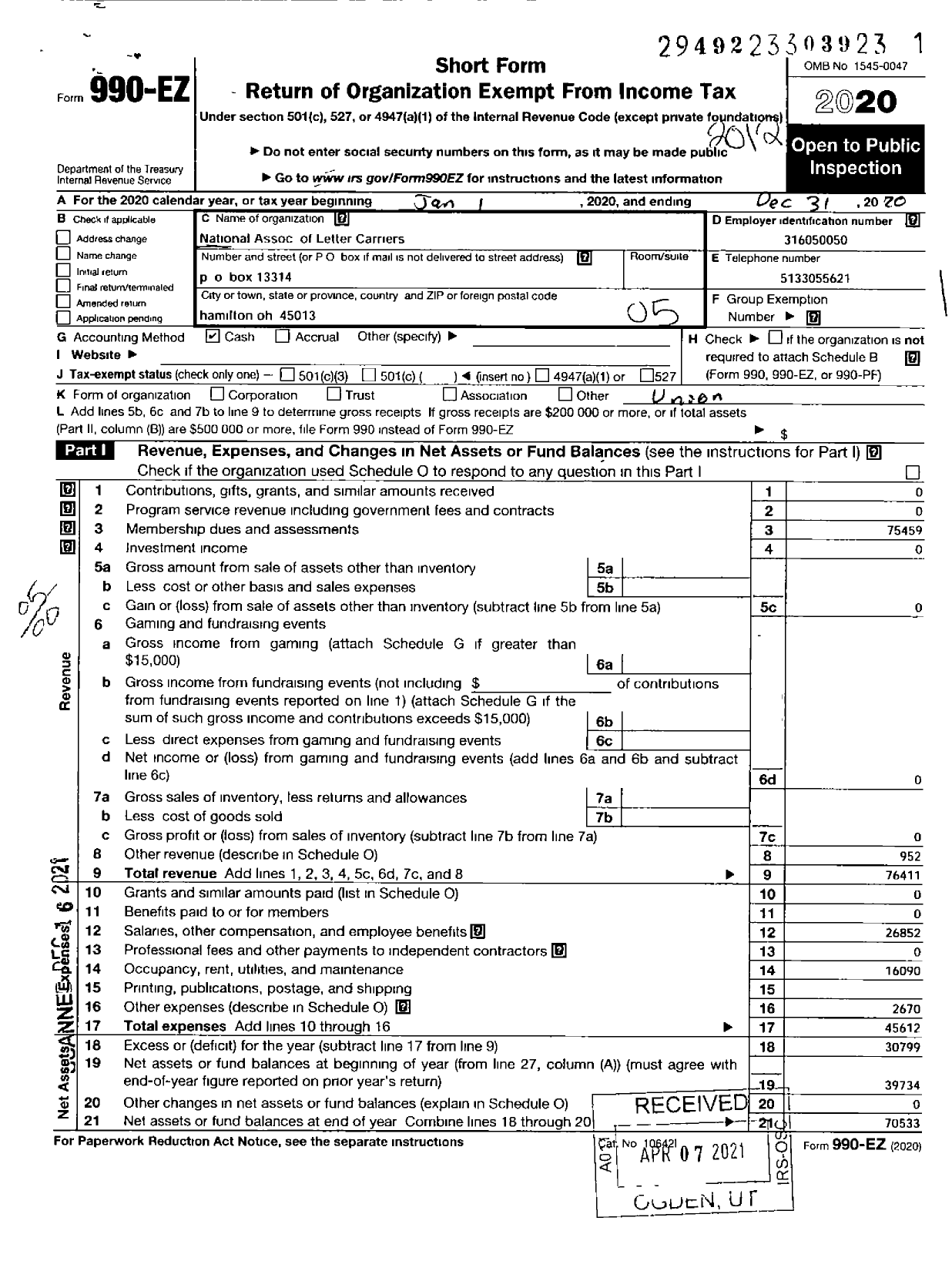 Image of first page of 2020 Form 990EO for National Association of Letter Carriers - 0426 Hamilton Ohio