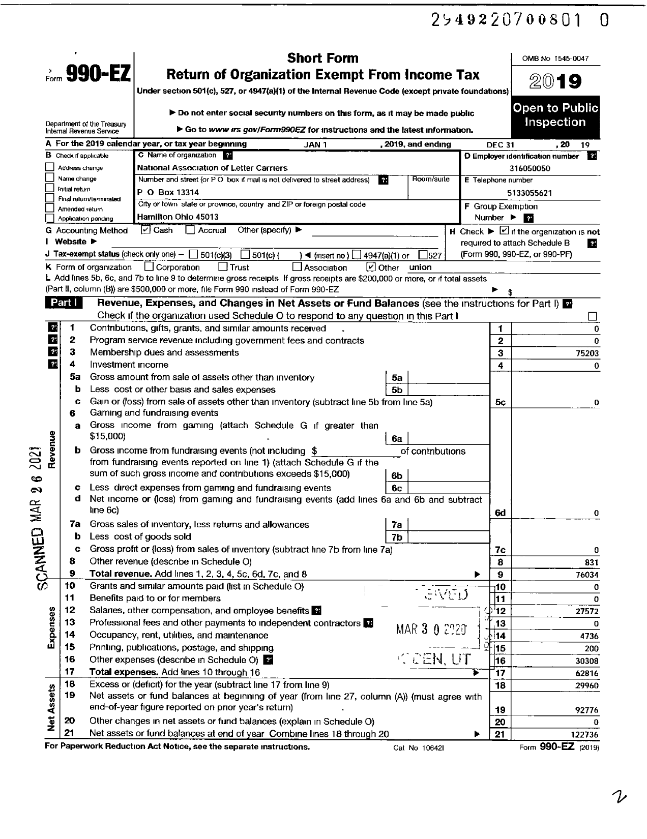 Image of first page of 2019 Form 990EO for National Association of Letter Carriers - 0426 Hamilton Ohio