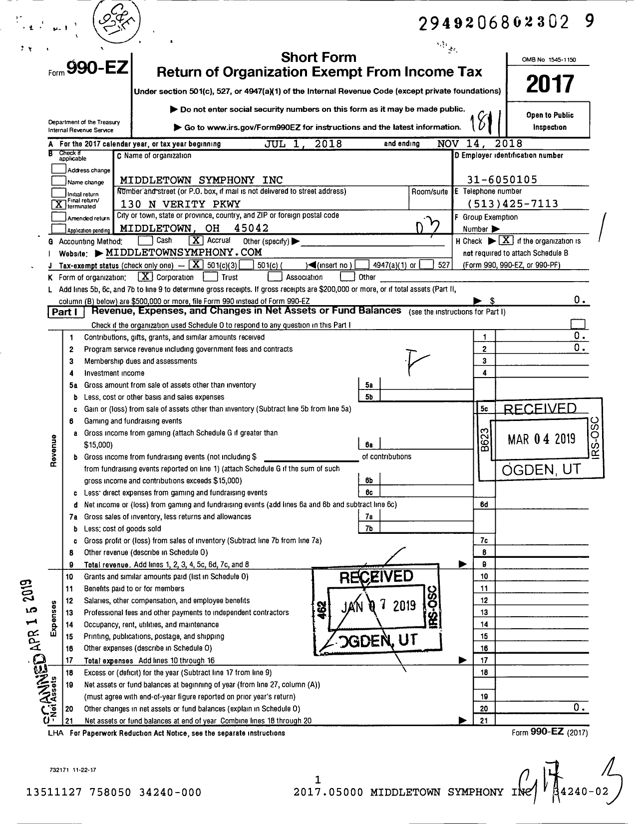 Image of first page of 2017 Form 990EZ for Middletown Symphony