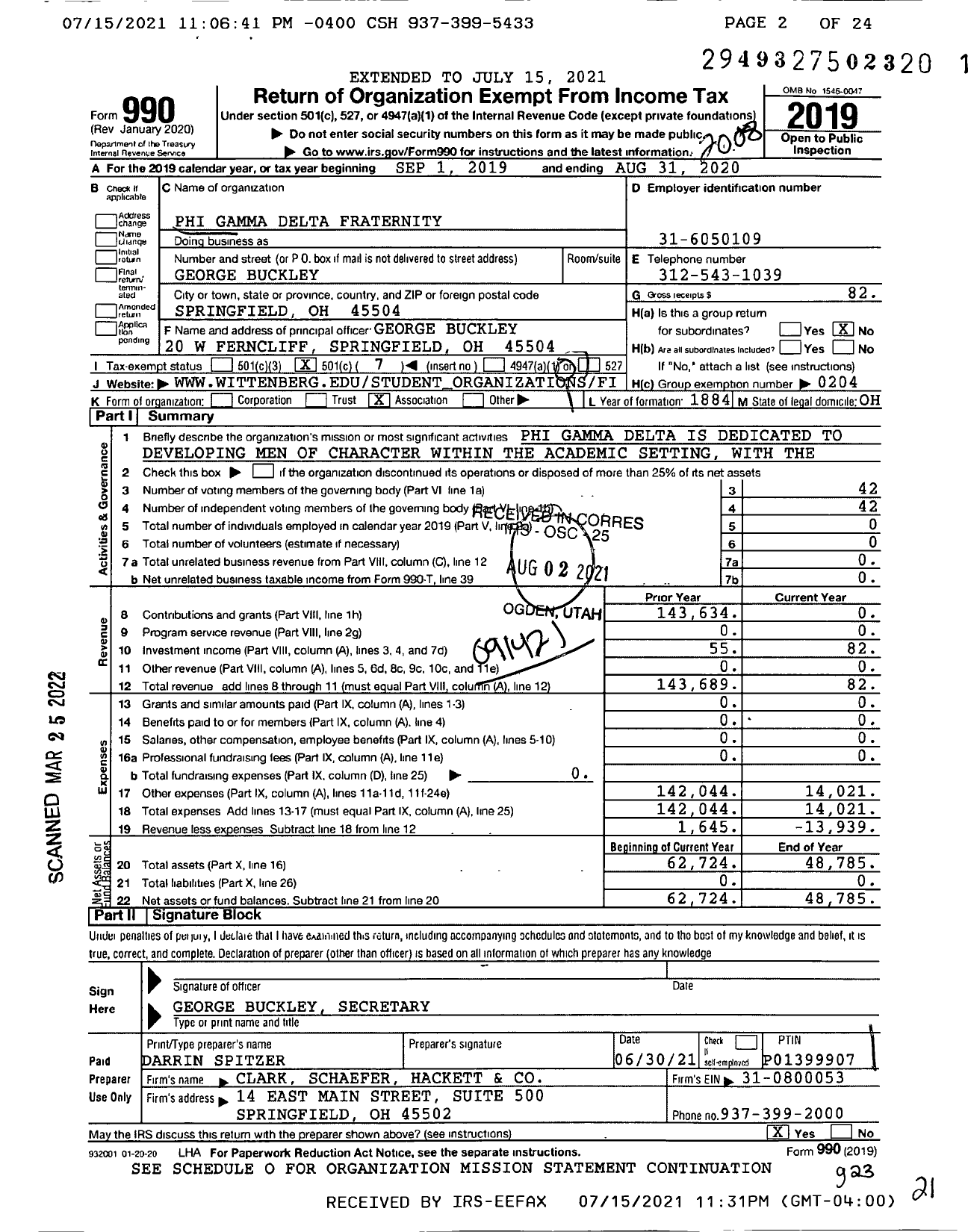 Image of first page of 2019 Form 990O for Phi Gamma Delta Fraternity - Sigma Chapter