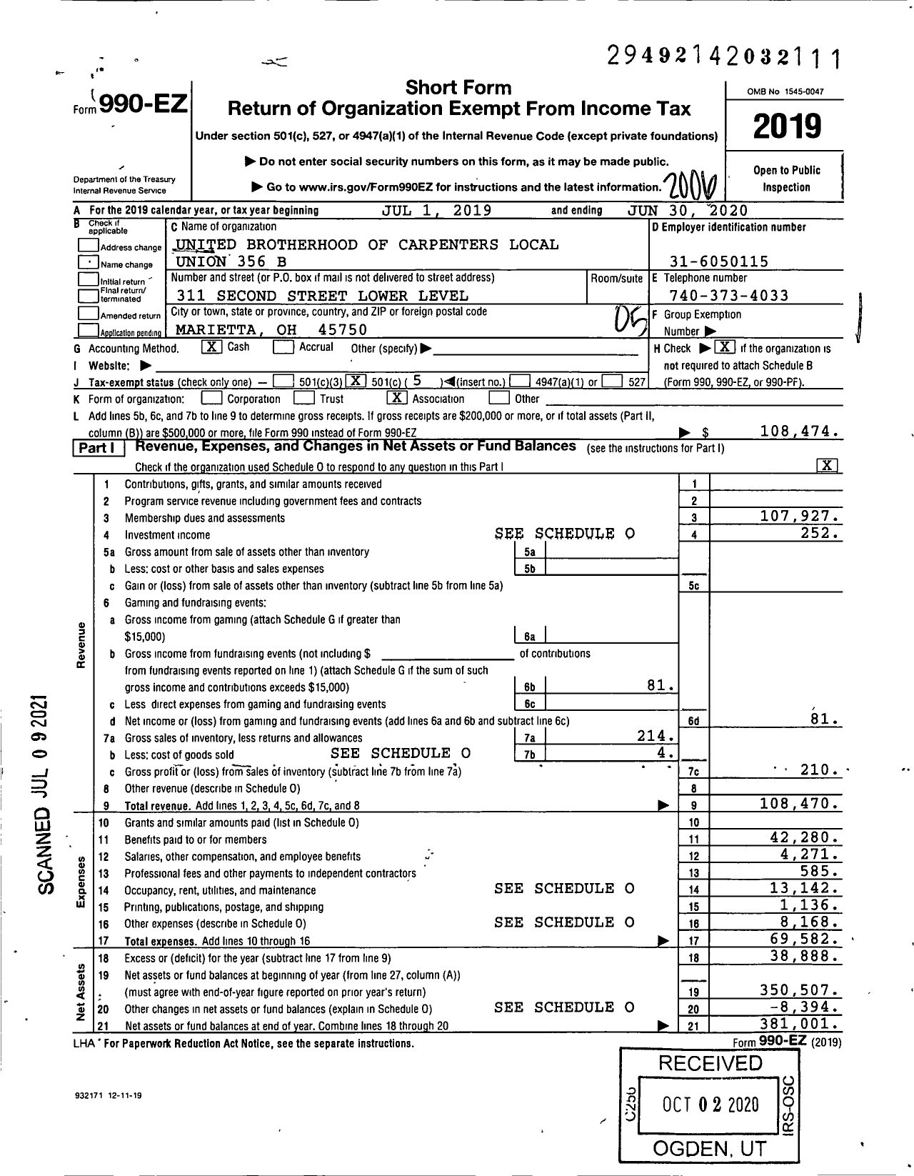 Image of first page of 2019 Form 990EO for United Brotherhood of Carpenters & Joiners - 356 BCJ