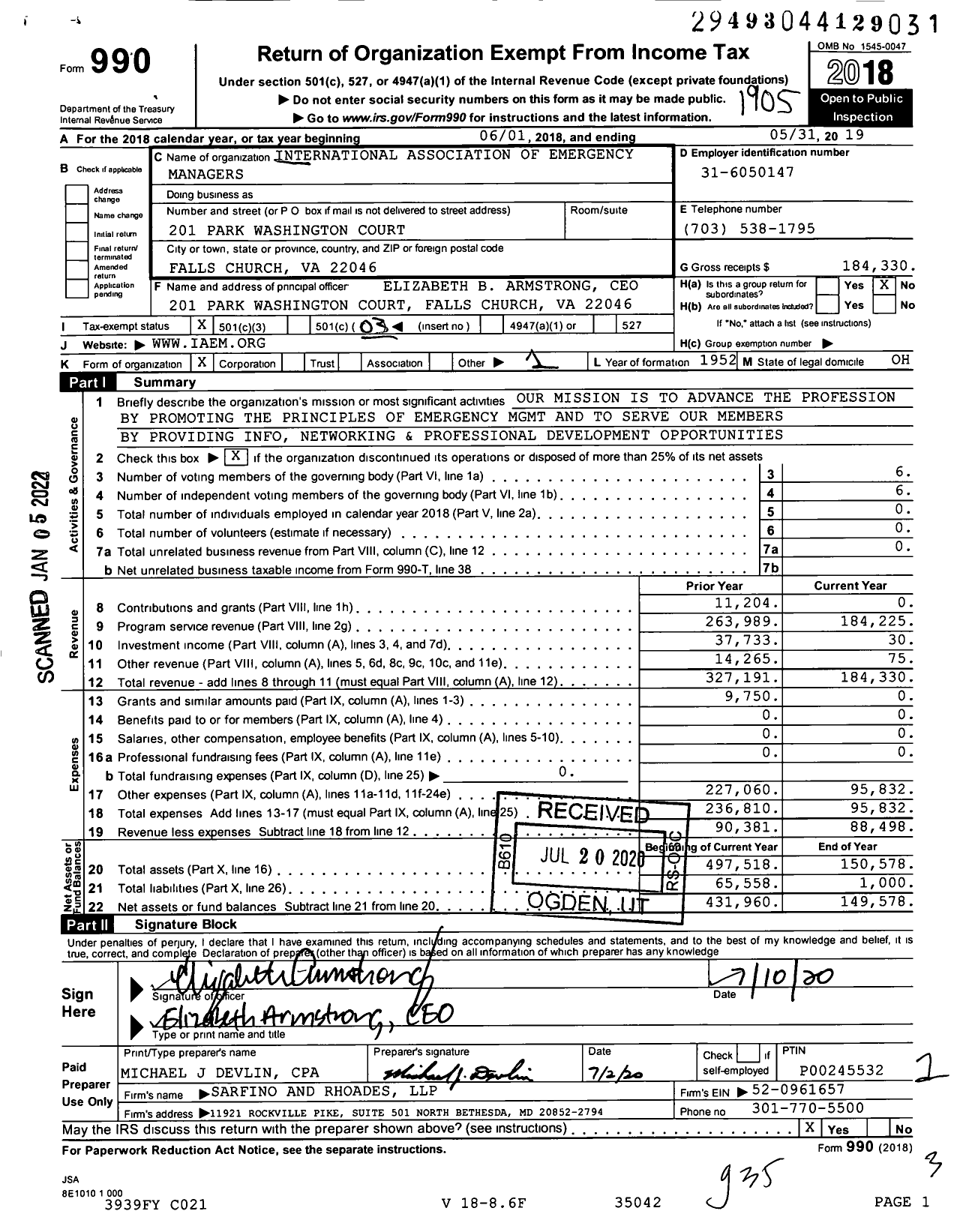 Image of first page of 2018 Form 990 for International Association of Emergency Managers (IAEM)