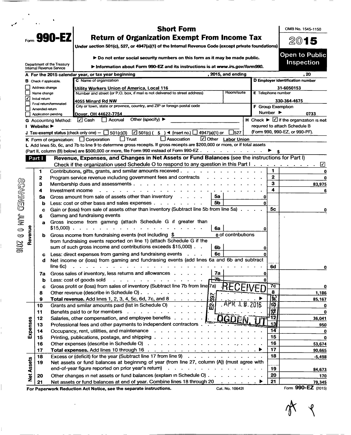 Image of first page of 2015 Form 990EO for Utility Workers Union of America - 116 Uwua