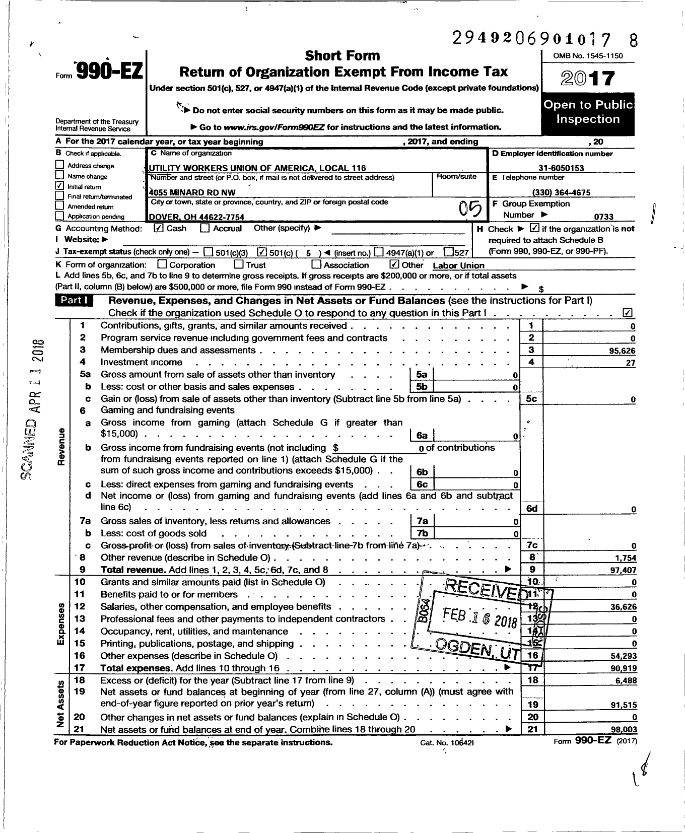 Image of first page of 2017 Form 990EO for Utility Workers Union of America - 116 Uwua