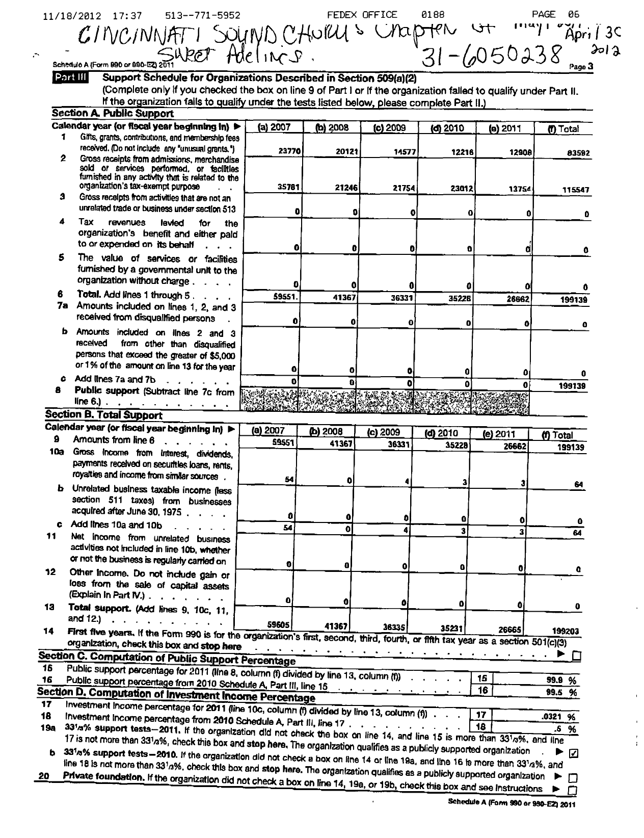 Image of first page of 2011 Form 990ER for Sweet Adelines International - 166592 Cincinnati Sound