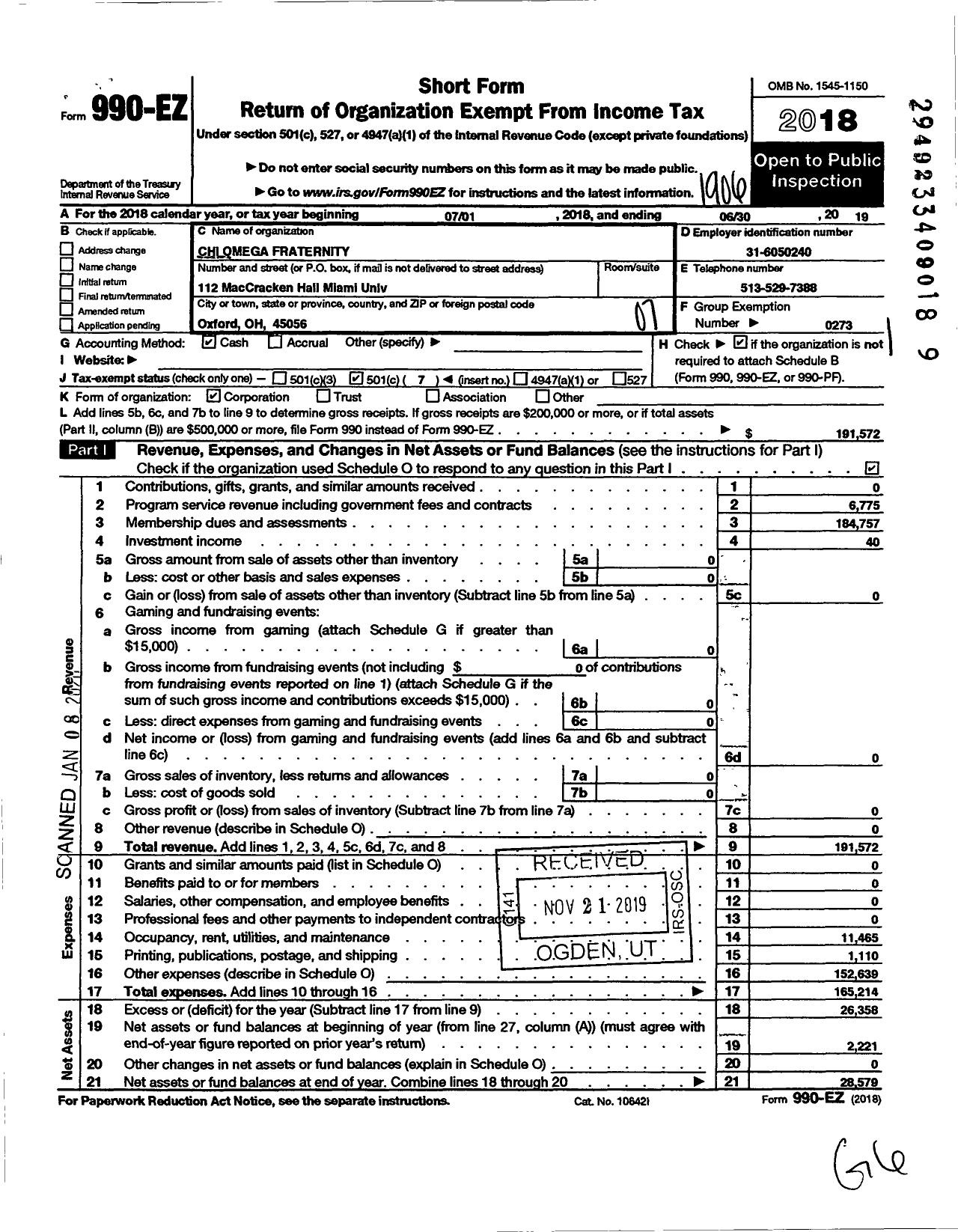 Image of first page of 2018 Form 990EO for Chi Omega Fraternity - Sigma Alpha Chapter