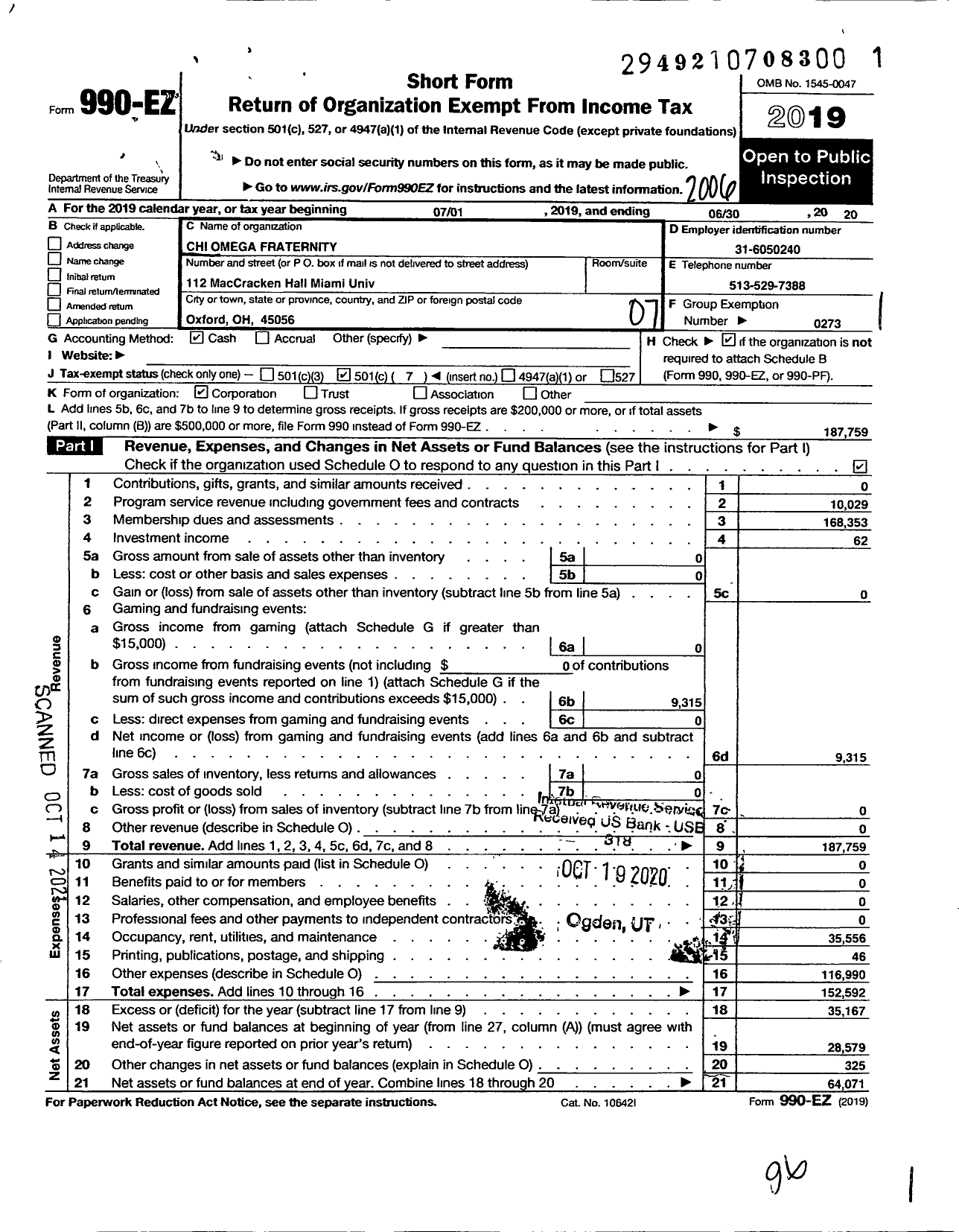 Image of first page of 2019 Form 990EO for Chi Omega Fraternity - Sigma Alpha Chapter