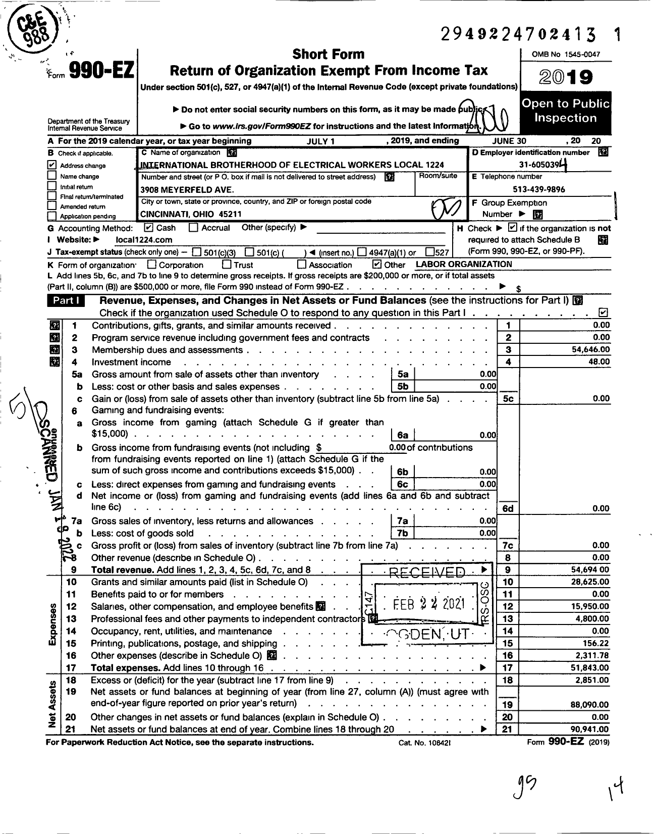 Image of first page of 2019 Form 990EO for International Brotherhood of Electrical Workers - 1224 Local Union