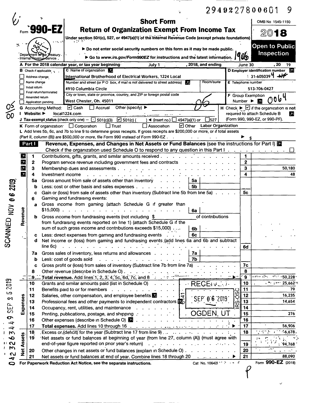 Image of first page of 2018 Form 990O for International Brotherhood of Electrical Workers - 1224 Local Union