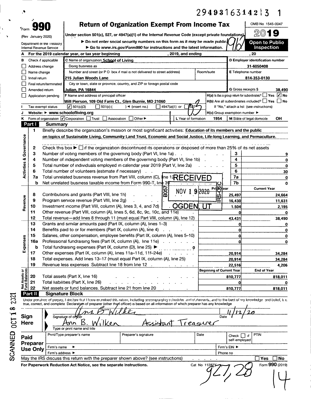 Image of first page of 2019 Form 990 for School of Living