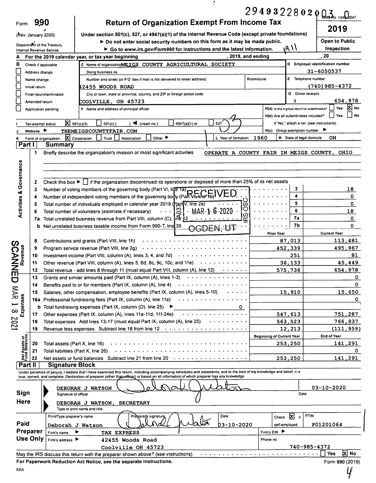 Image of first page of 2018 Form 990 for Ohio County & Independent Agricultural Societies - Meigs County Agriculture Society