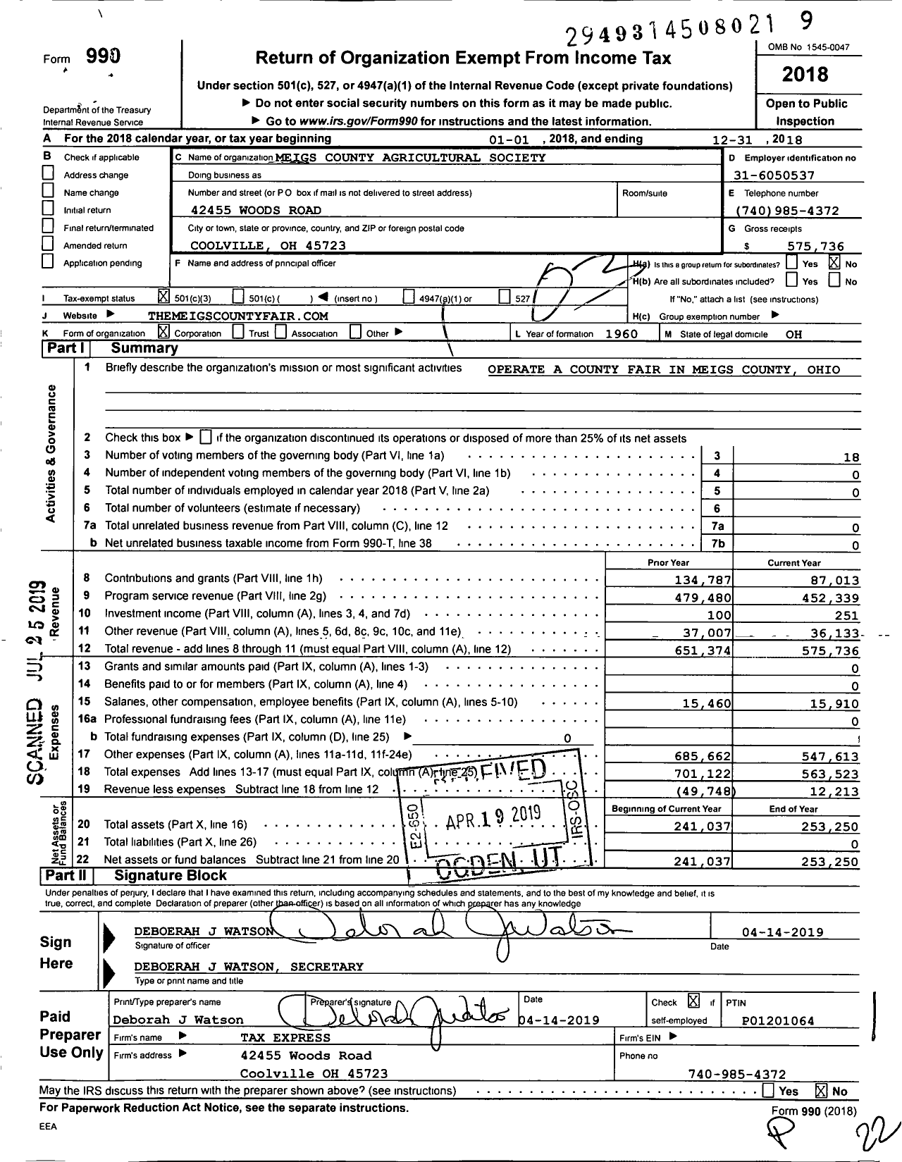 Image of first page of 2018 Form 990 for Ohio County & Independent Agricultural Societies - Meigs County Agriculture Society